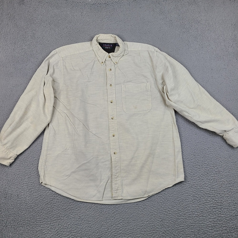Trader Bay Corduroy Shirt Mens Large Cream Cotton Button Down Long Sleeve VTG